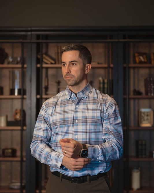 JD Buck Aqua Grey Striped Plaid Long Sleeve Shirt