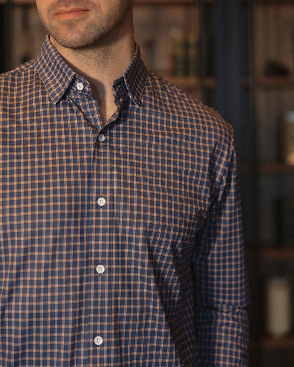 JD Buck Navy Tan Vertical Stripe Long Sleeve Shirt