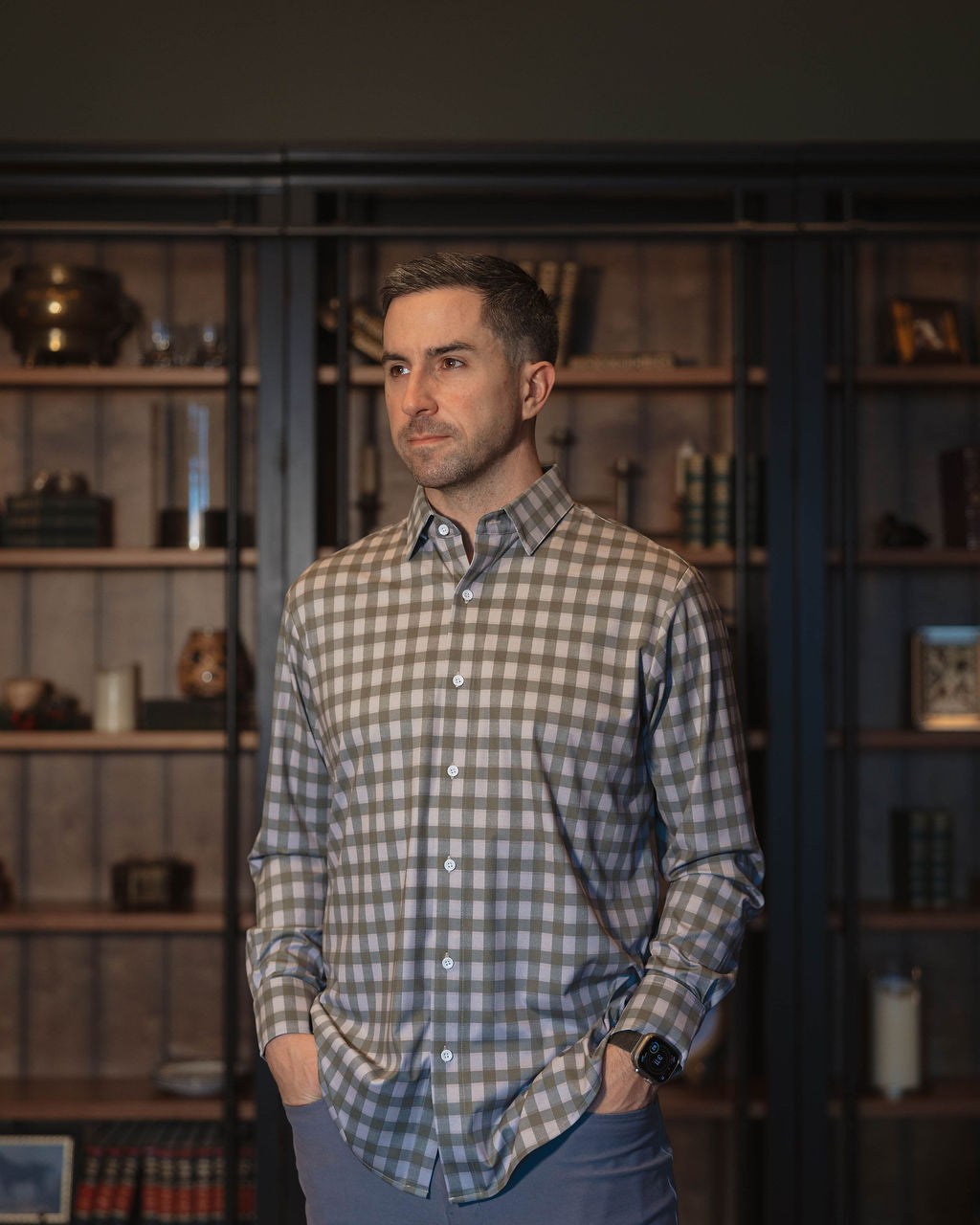 JD Buck Olive Grey Gingham No Tuck Long Sleeve Shirt