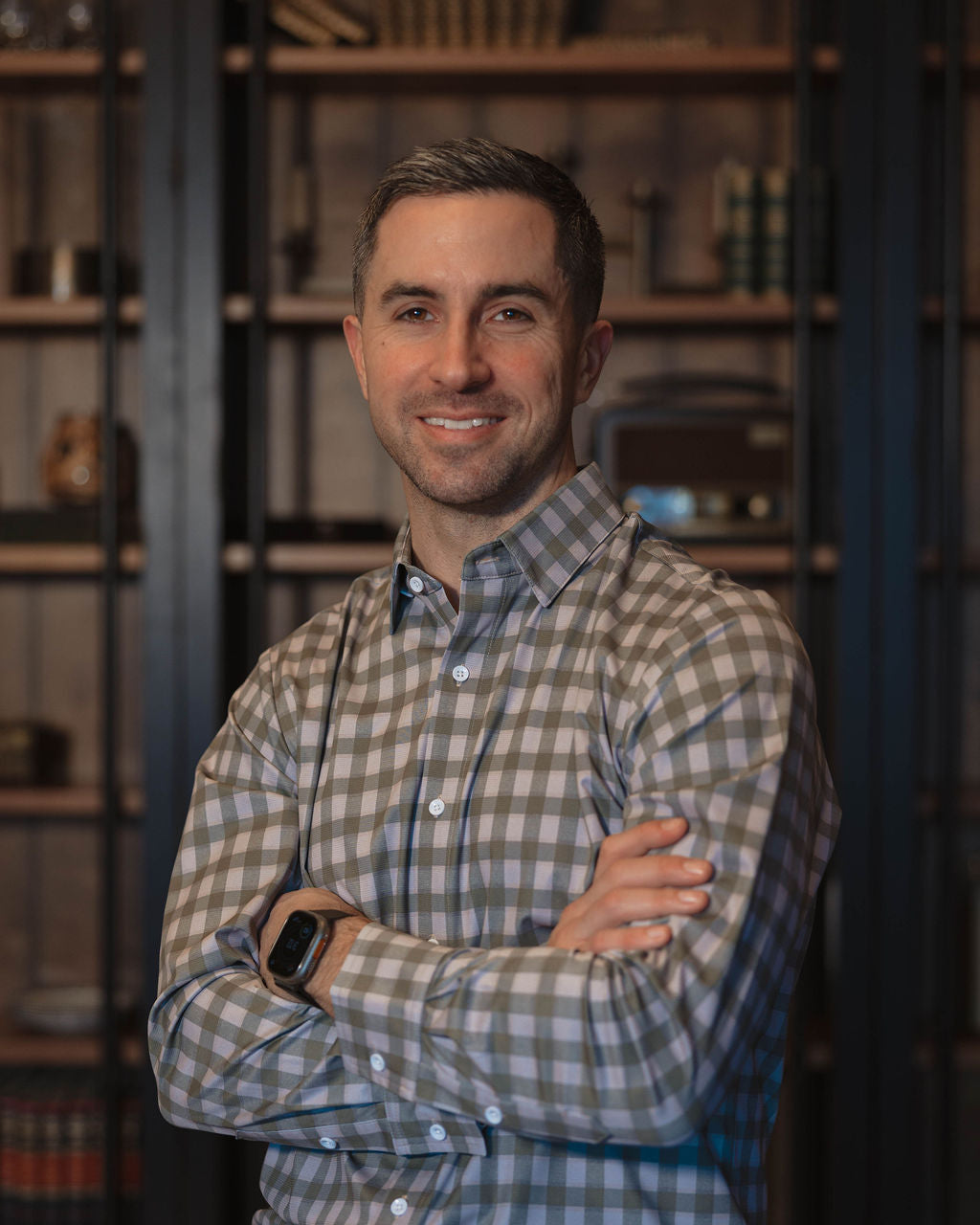 JD Buck Olive Grey Gingham No Tuck Long Sleeve Shirt