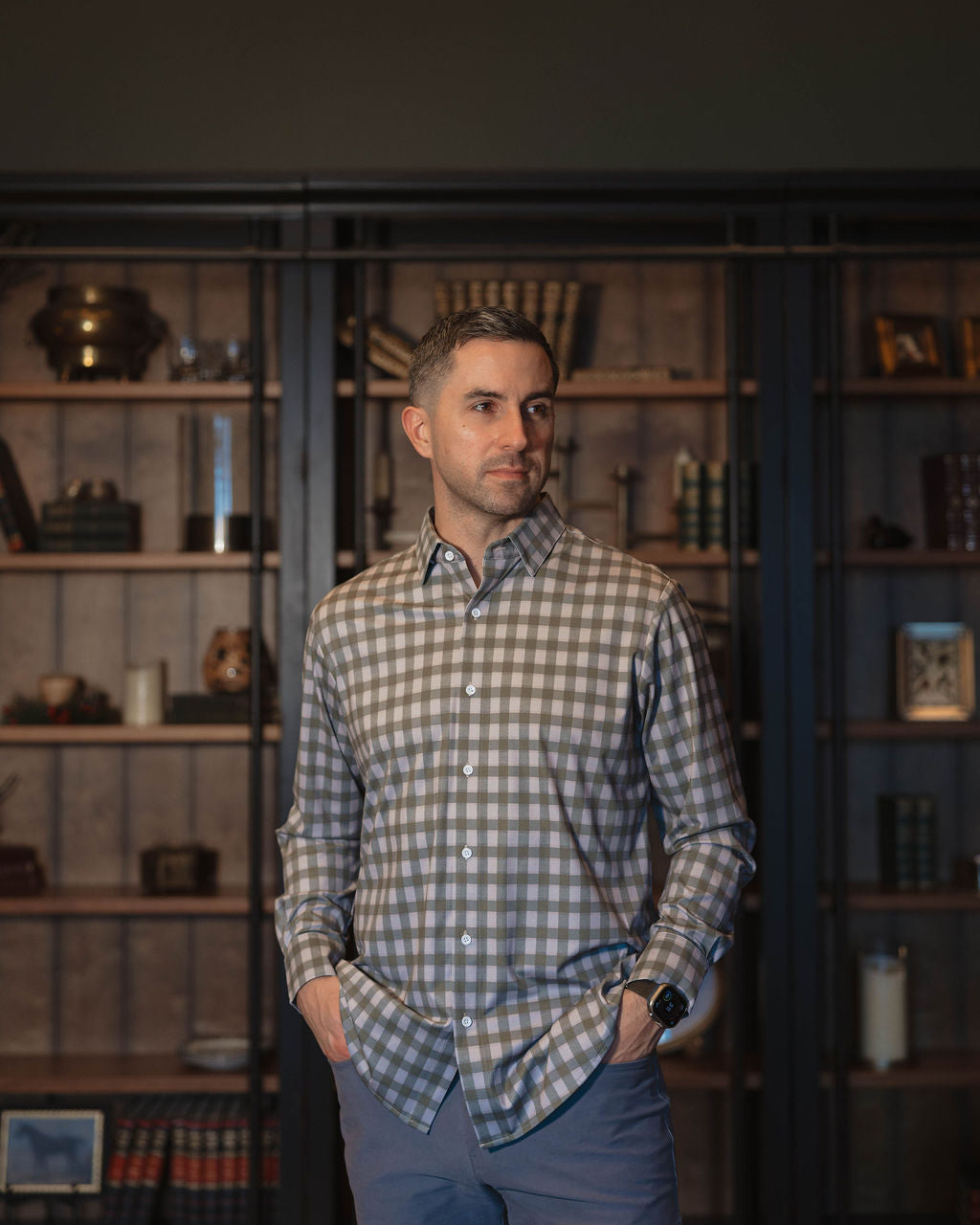 JD Buck Olive Grey Gingham No Tuck Long Sleeve Shirt