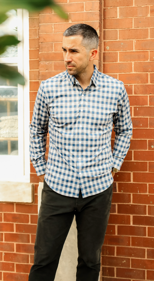 JD Buck Charcoal Navy Gingham No Tuck Sleeve Shirt